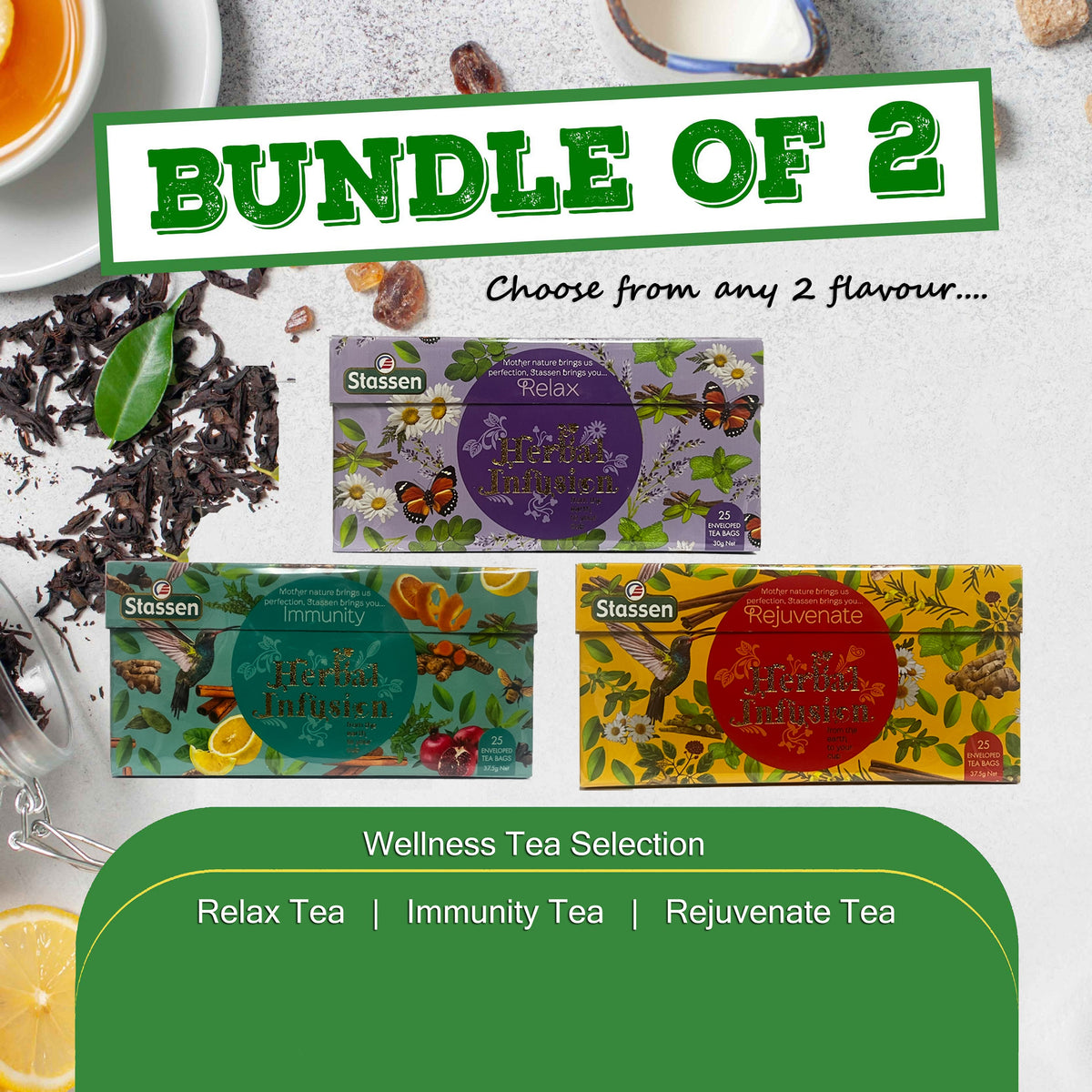 [Bundle of 2] Stassen Premium Wellness Tea x 2 Box (25 sachet/box) - 3 flavor *Relax, Immunity, Rejuvenate*